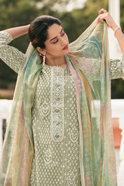 Pure Organdy Block Print Straight Cut Salwar Kameez In Sea Green