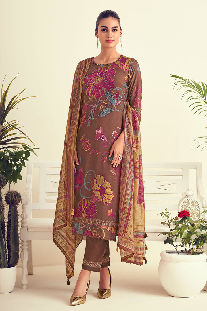 Brown Color Pure Muslin Silk Digital Print Straight Cut Salwar Kameez