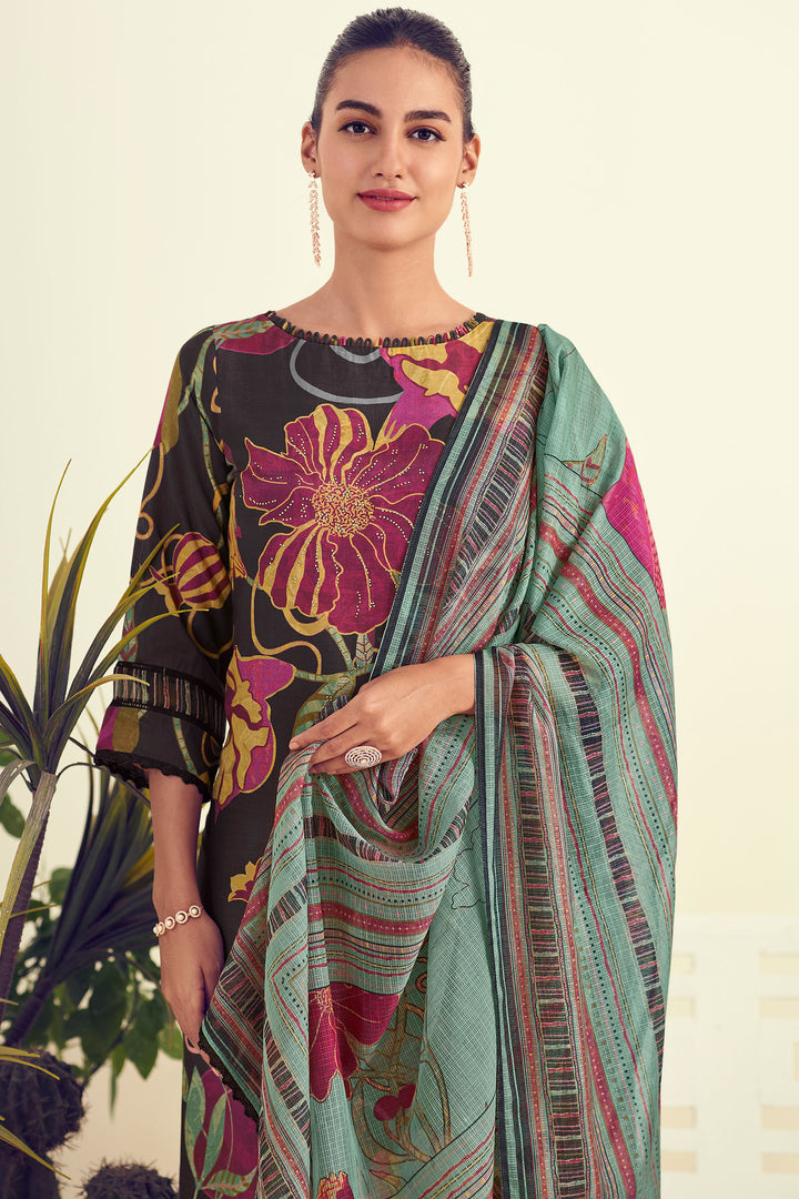 Black Color Pure Muslin Silk Digital Print Straight Cut Salwar Suit