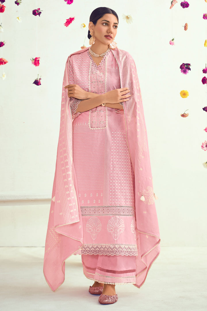 Pure Cotton Khadi Block Print Palazzo Salwar Kameez In Pink Color