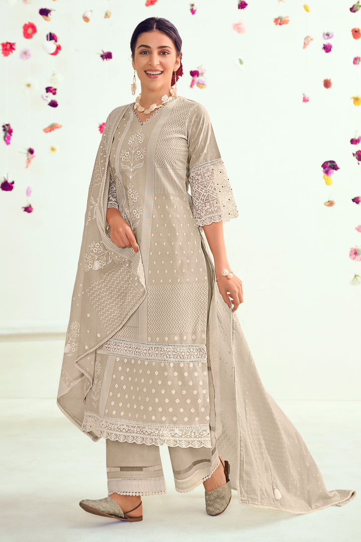 Pure Cotton Khadi Block Print Palazzo Salwar Suit In Dark Beige Color