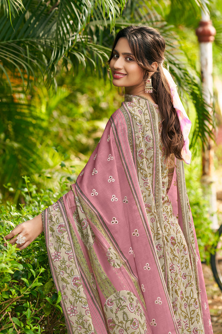 Beige Color Pure Cotton Hand Block Print Long Straight Cut Suit