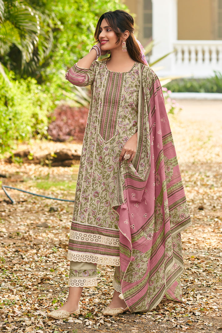 Beige Color Pure Cotton Hand Block Print Long Straight Cut Suit