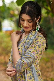 Pure Cotton Hand Block Print Long Straight Cut Salwar Kameez In Yellow Color