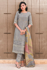 Load image into Gallery viewer, Grey Pure Muslin Shimmer Digital Print Straight Cut Salwar Suit