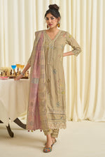 Load image into Gallery viewer, Beige Color Pure Muslin Silk Fancy Embroidery Digital Print Designer Long Salwar Kameez
