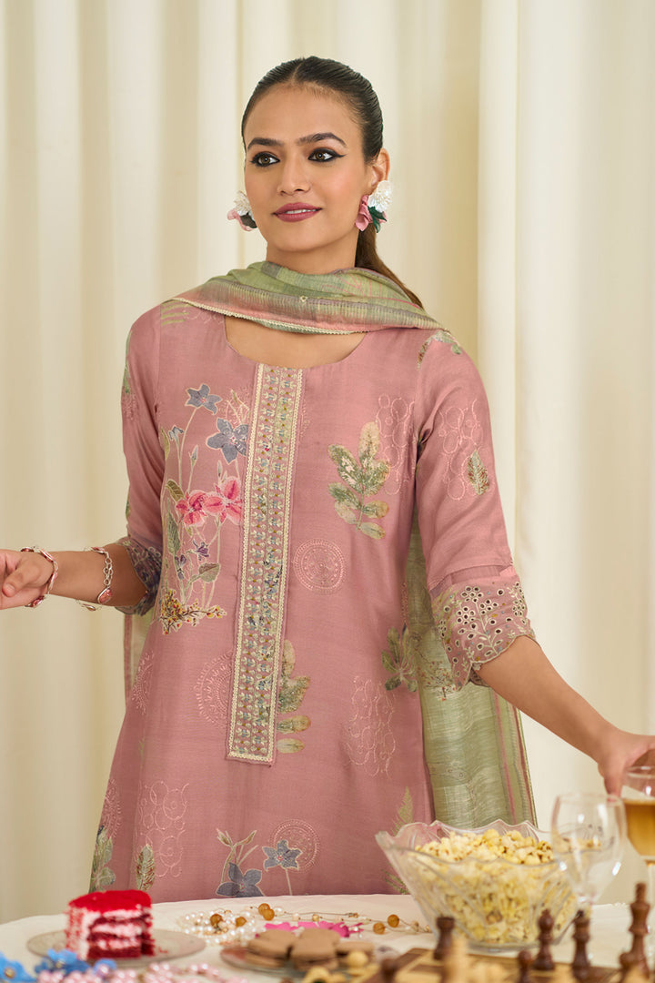 Pink Color Pure Muslin Silk Fancy Embroidery Digital Print Designer Long Salwar Suit