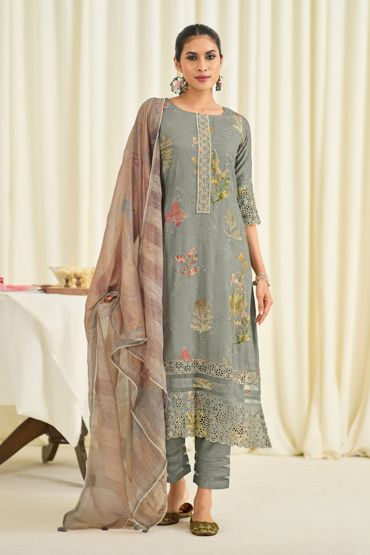 Grey Color Pure Muslin Silk Fancy Embroidery Digital Print Designer Long Suit