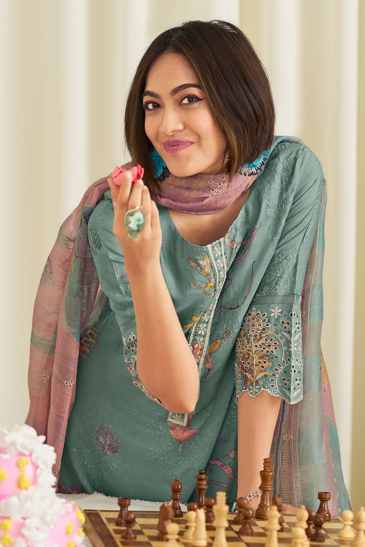 Pure Muslin Silk Fancy Embroidery Digital Print Designer Long Salwar Kameez In Light Cyan Color