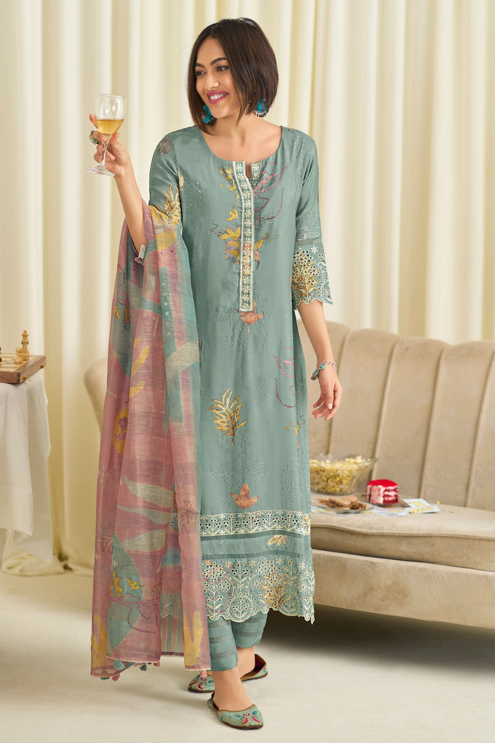 Pure Muslin Silk Fancy Embroidery Digital Print Designer Long Salwar Kameez In Light Cyan Color