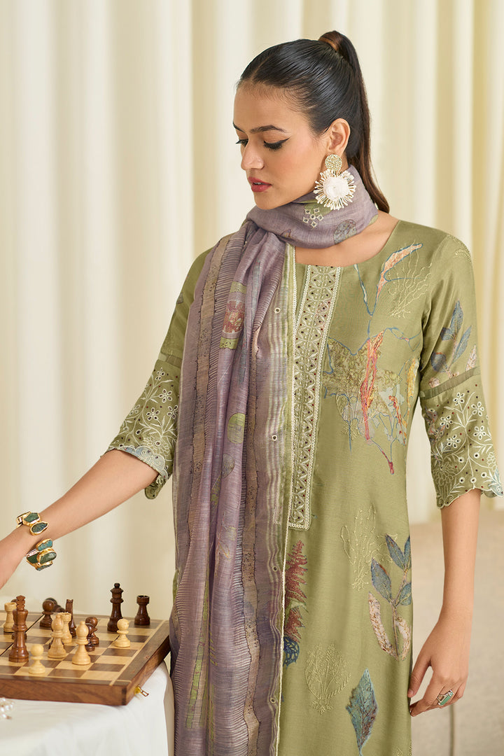 Pure Muslin Silk Fancy Embroidery Digital Print Designer Long Salwar Suit In Sea Green Color