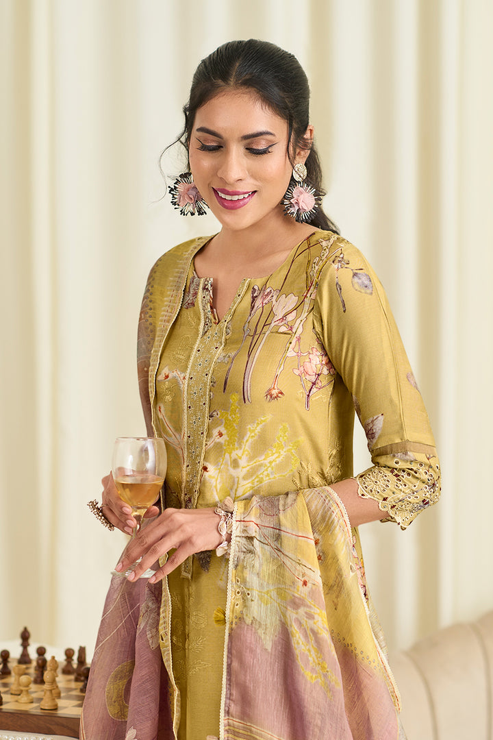 Pure Muslin Silk Fancy Embroidery Digital Print Designer Long Suit In Yellow Color