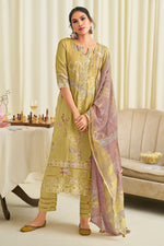 Load image into Gallery viewer, Pure Muslin Silk Fancy Embroidery Digital Print Designer Long Suit In Yellow Color
