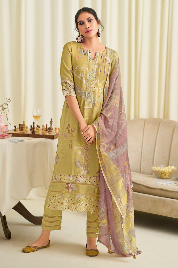 Pure Muslin Silk Fancy Embroidery Digital Print Designer Long Suit In Yellow Color