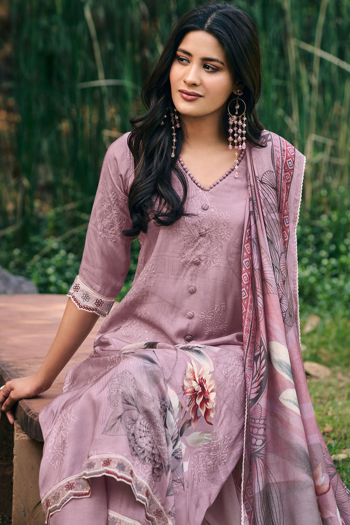 Lavender Pure Moga Silk Embroidered Salwar Suit