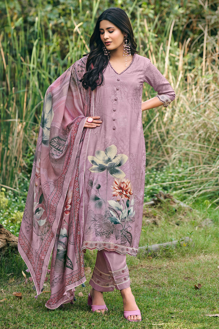 Lavender Pure Moga Silk Embroidered Salwar Suit