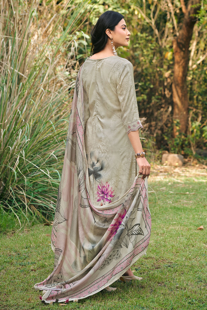 Cream Pure Moga Silk Embroidered Suit
