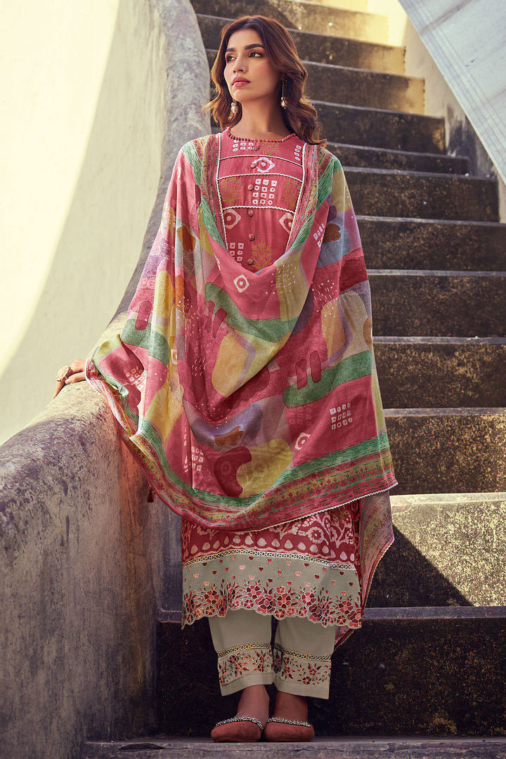 Pink Pure Muslin Silk Jacquard Printed Long Designer Salwar Kameez