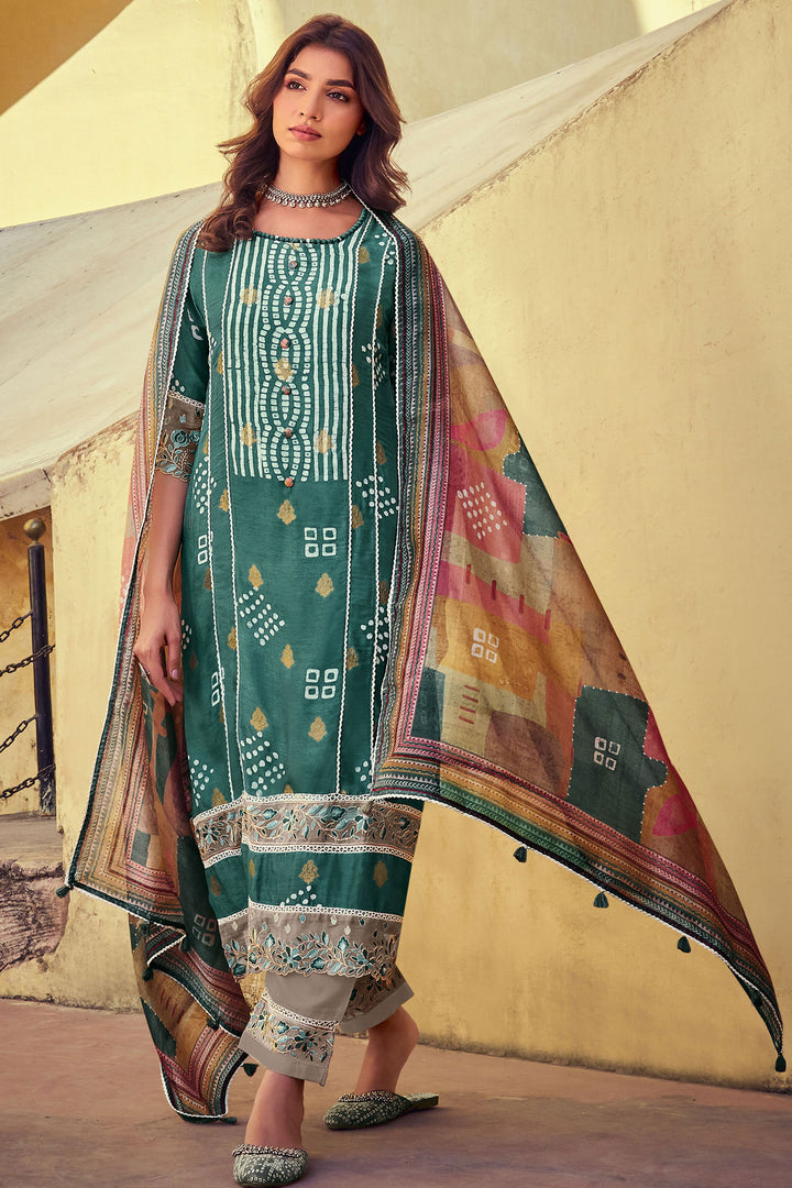 Bottle Green Pure Muslin Silk Jacquard Printed Long Designer Salwar Suit