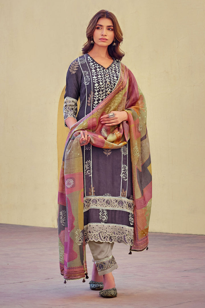 Purple Pure Muslin Silk Jacquard Printed Long Designer Suit