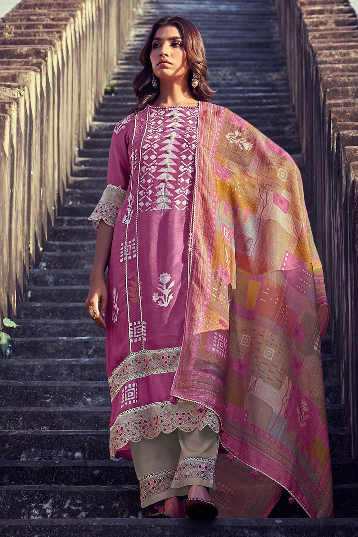 Pure Muslin Silk Jacquard Printed Long Designer Salwar Kameez In Pink Color