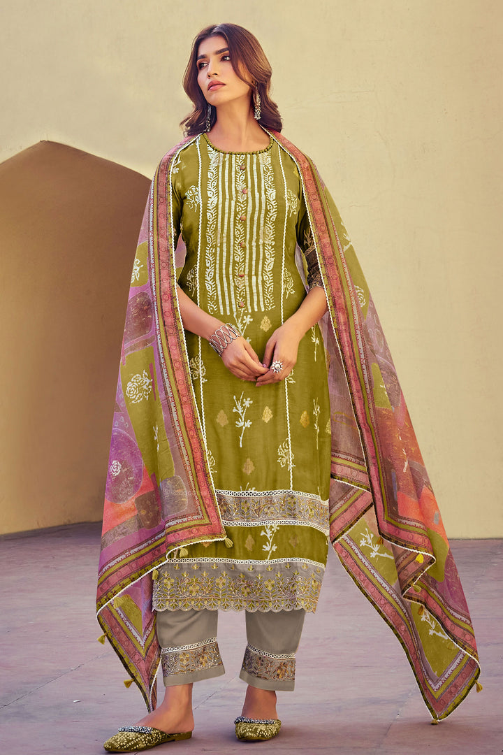 Pure Muslin Silk Jacquard Printed Long Designer Salwar Suit In Green Color