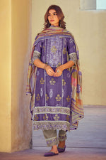 Load image into Gallery viewer, Pure Muslin Silk Jacquard Printed Long Designer Suit In Purple Color