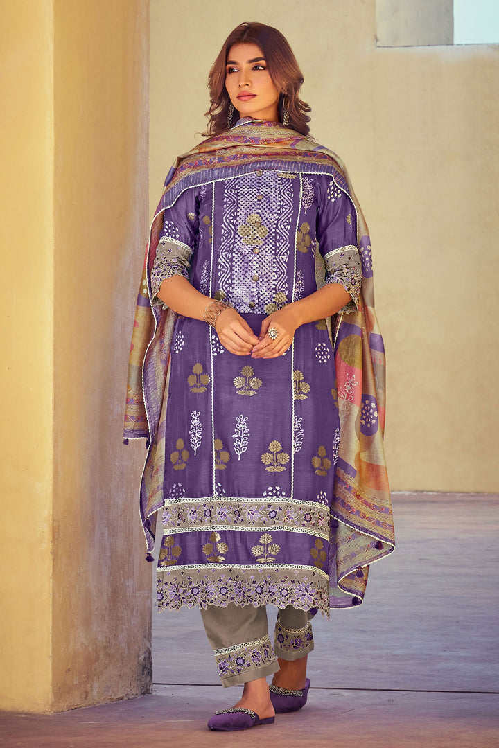 Pure Muslin Silk Jacquard Printed Long Designer Suit In Purple Color