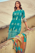 Load image into Gallery viewer, Pure Muslin Silk Jacquard Printed Cyan Color Long Designer Salwar Kameez