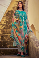 Load image into Gallery viewer, Pure Muslin Silk Jacquard Printed Cyan Color Long Designer Salwar Kameez
