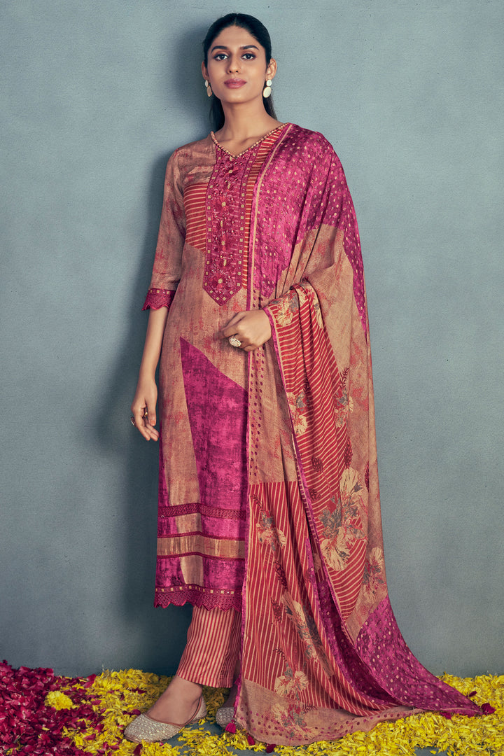 Pure Muslin Silk Digital Print Casual Salwar Suit In Rani Color