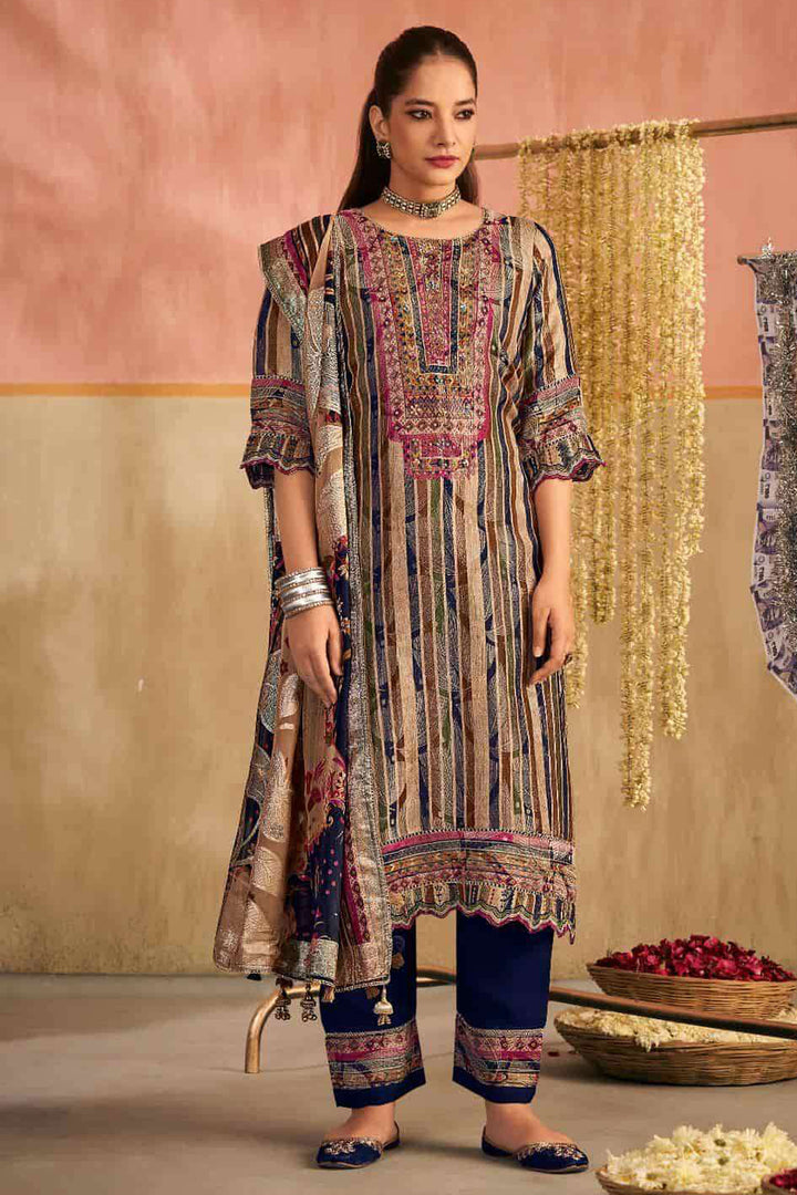Blue Pure Silk Brocade Jacquard Digital Print Designer Straight Cut Salwar Suit