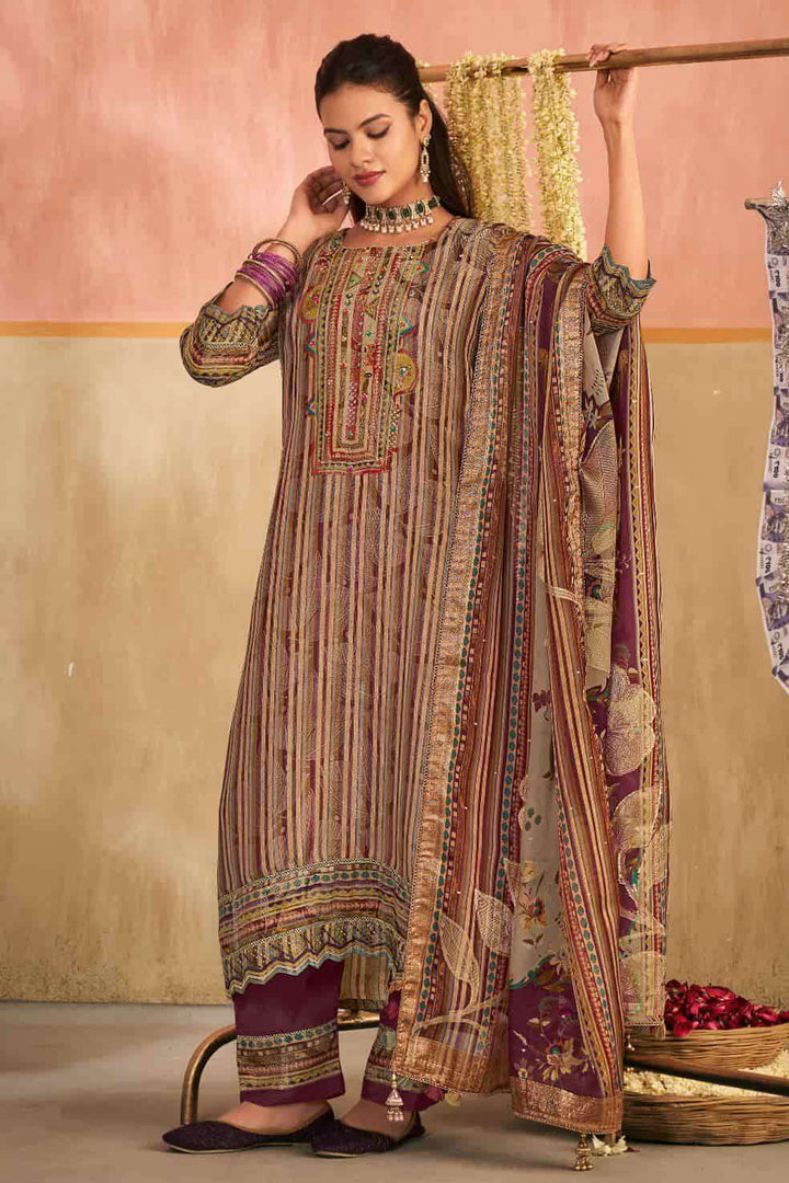 Purple Pure Silk Brocade Jacquard Digital Print Designer Straight Cut Suit