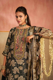 Pure Silk Brocade Jacquard Digital Print Designer Straight Cut Salwar Suit In Black Color