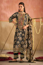 Load image into Gallery viewer, Pure Silk Brocade Jacquard Digital Print Designer Straight Cut Salwar Suit In Black Color