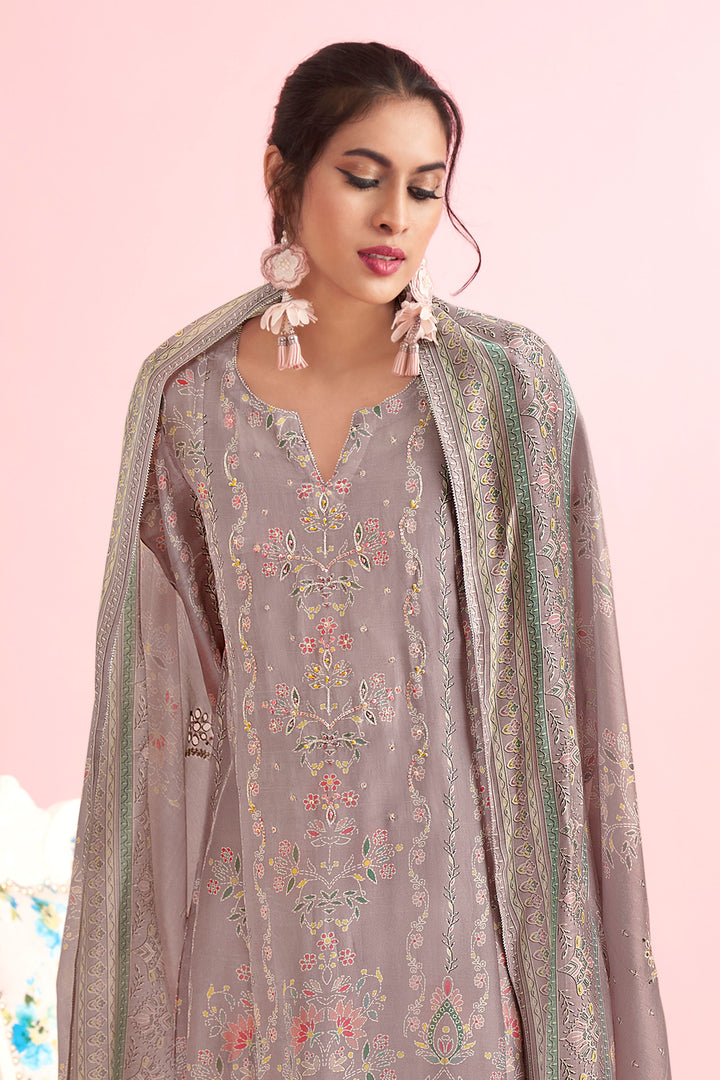 Lavender Pure Muslin Simmer Silk Digital Print With Handwork Designer Suit