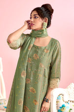 Load image into Gallery viewer, Sea Green Pure Muslin Simmer Silk Digital Print With Handwork Designer Dress
