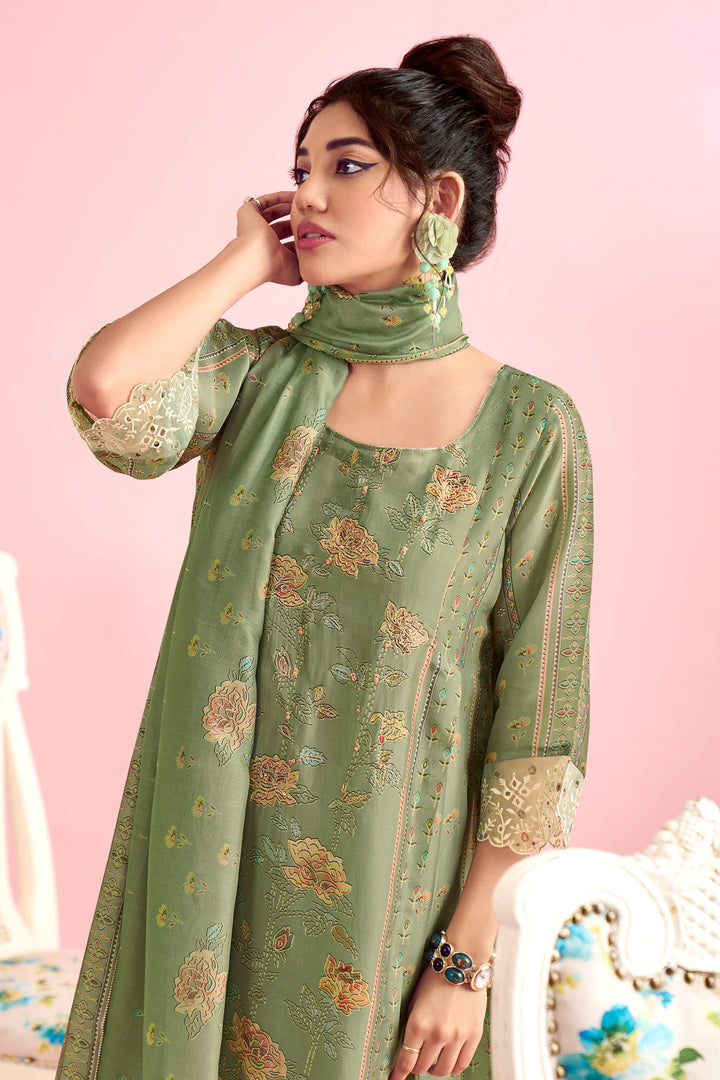 Sea Green Pure Muslin Simmer Silk Digital Print With Handwork Designer Dress