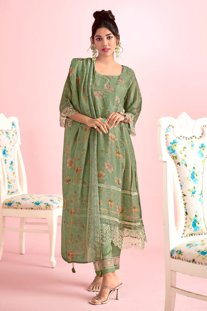 Sea Green Pure Muslin Simmer Silk Digital Print With Handwork Designer Dress