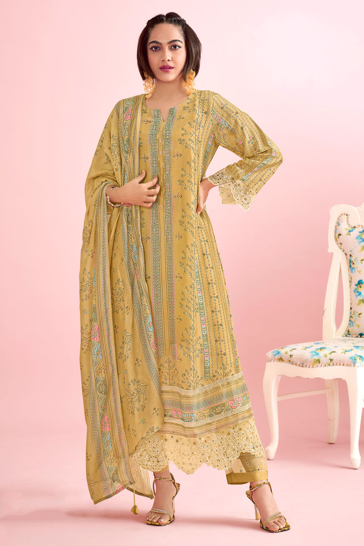 Pure Muslin Simmer Silk Digital Print With Handwork Designer Salwar Kameez In Yellow Color