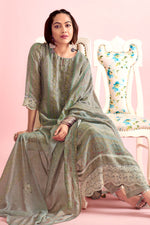 Load image into Gallery viewer, Pure Muslin Simmer Silk Digital Print With Handwork Designer Salwar Suit In Grey Color
