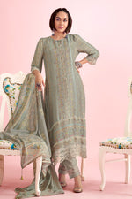 Load image into Gallery viewer, Pure Muslin Simmer Silk Digital Print With Handwork Designer Salwar Suit In Grey Color
