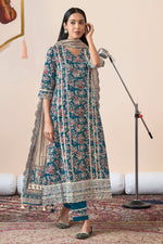 Load image into Gallery viewer, Pure Cotton Block Print With Fancy Borer Embroidery Work Teal Color Long Salwar Kameez
