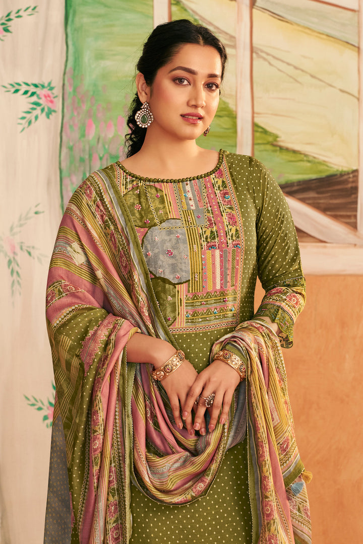 Green Premium Bemberg Silk Slub Digital Print Designer Salwar Suit