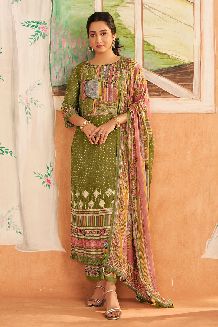 Green Premium Bemberg Silk Slub Digital Print Designer Salwar Suit