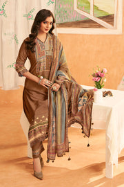 Brown Premium Bemberg Silk Slub Digital Print Designer Dress