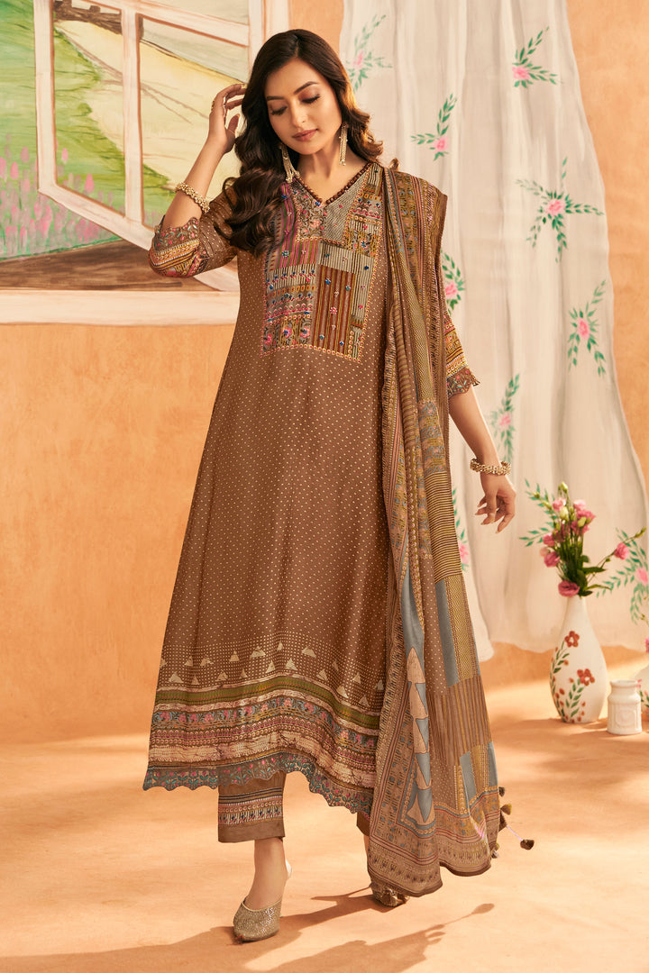 Brown Premium Bemberg Silk Slub Digital Print Designer Dress