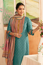 Load image into Gallery viewer, Premium Bemberg Silk Slub Digital Print Designer Salwar Kameez In Cyan Color