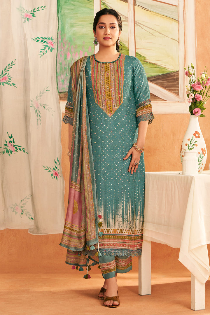 Premium Bemberg Silk Slub Digital Print Designer Salwar Kameez In Cyan Color