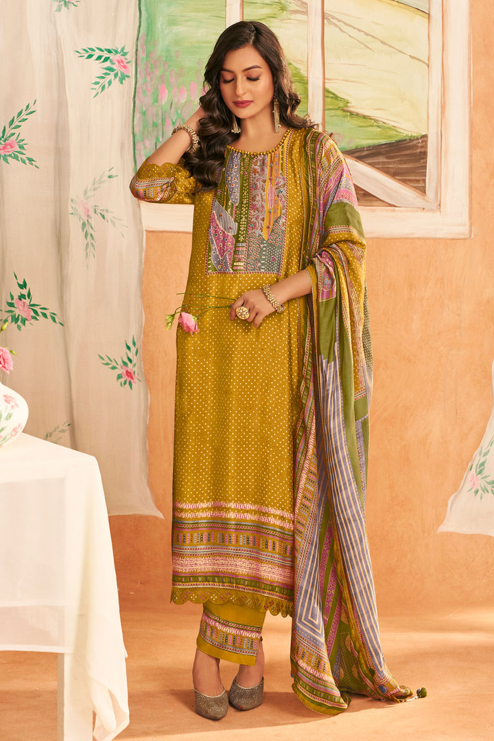 Yellow Bemberg Silk Slub Digital Print Designer Salwar Suit